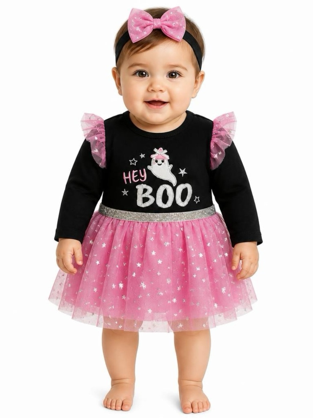 Baby Starters Pink & Black "Hey Boo" Tulle Halloween Dress with Headband